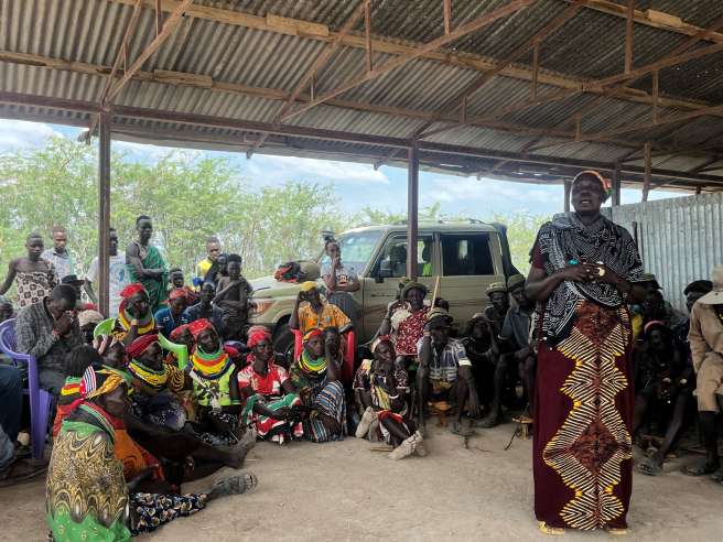 'Mama Peace’ speaking at a community gathering in Nyangatom in the South Omo area of southern Ethiopia.