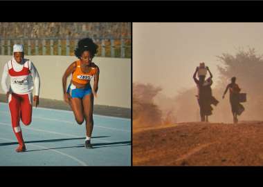 A split screen of professional athletes running on a track (on the left) and women walking home in a drought holding buckets of water (on the left)